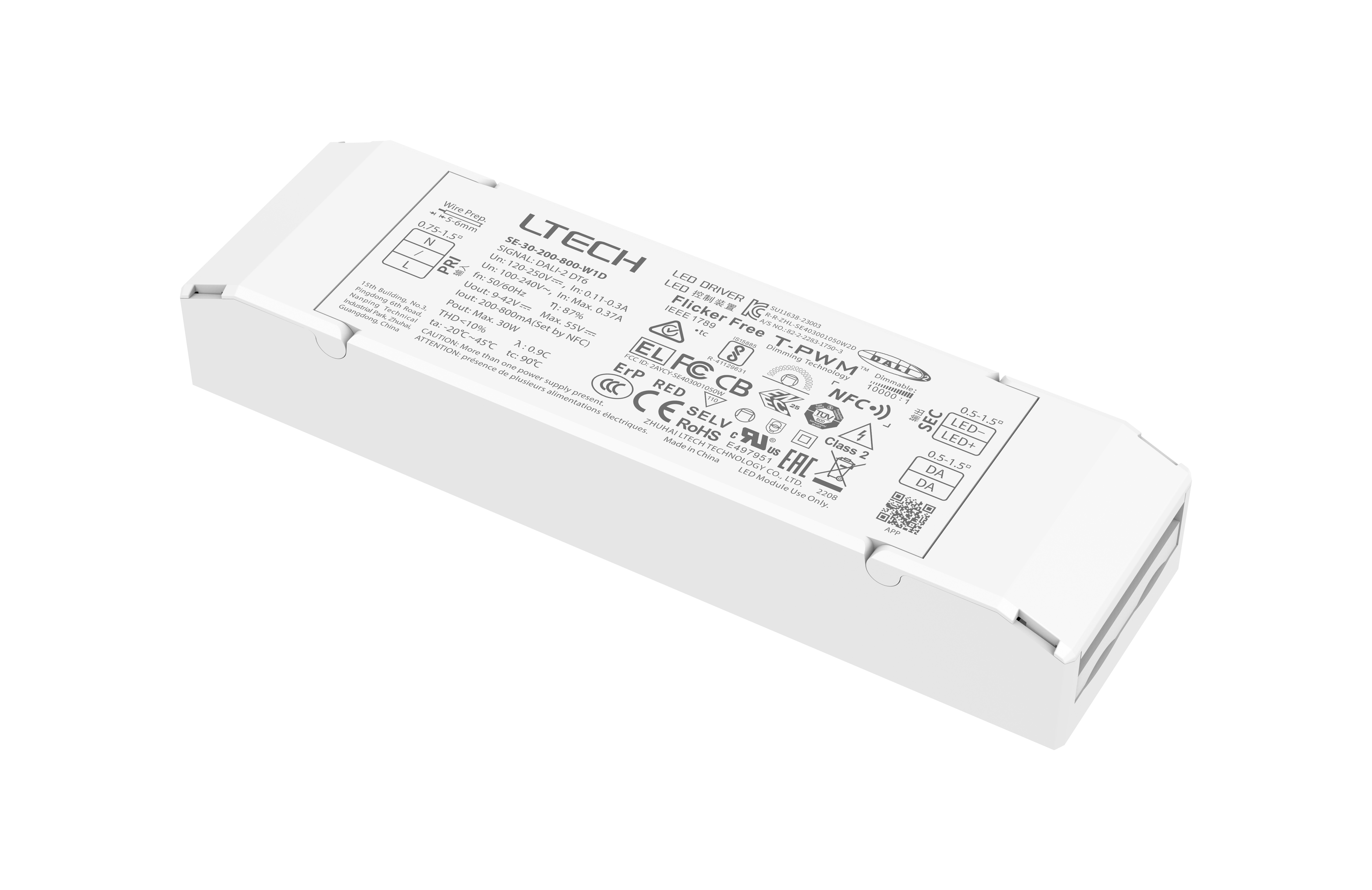 SE-30-200-800-W1D  Intelligent LED Driver, NFC DALI  0-100% Dim, PWM Digital Dim,DALI DT6   , CC 30W 200-800mA 9-42Vdc  Out put Range.2.7-40W , IP20, 5yrs Warrenty.